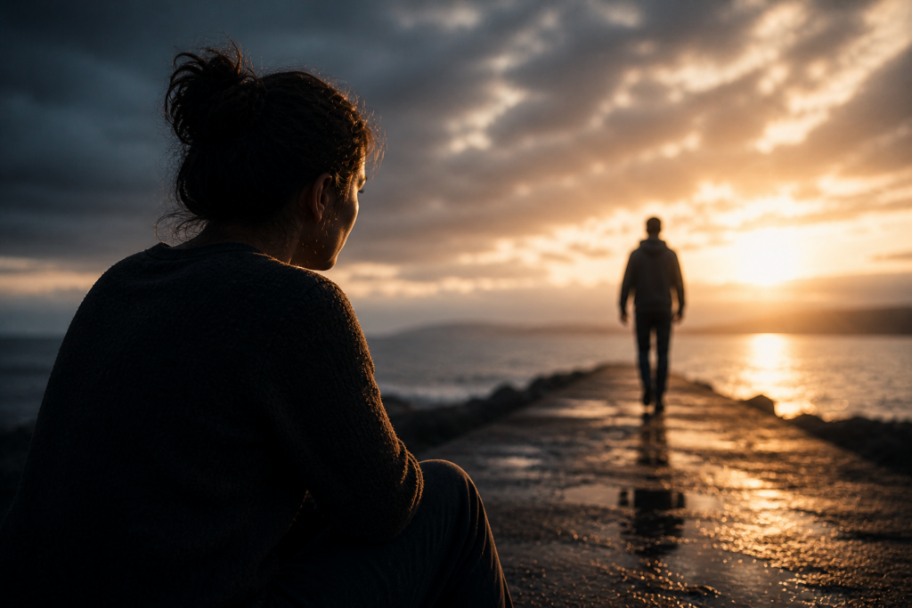 Femme assise regardant un homme s'éloigner au coucher du soleil — proche d'un addict qui souffre en silence